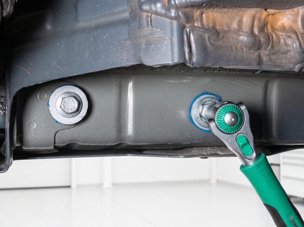Technicien serrant au cliquet les fixations d'un attelage sous une voiture